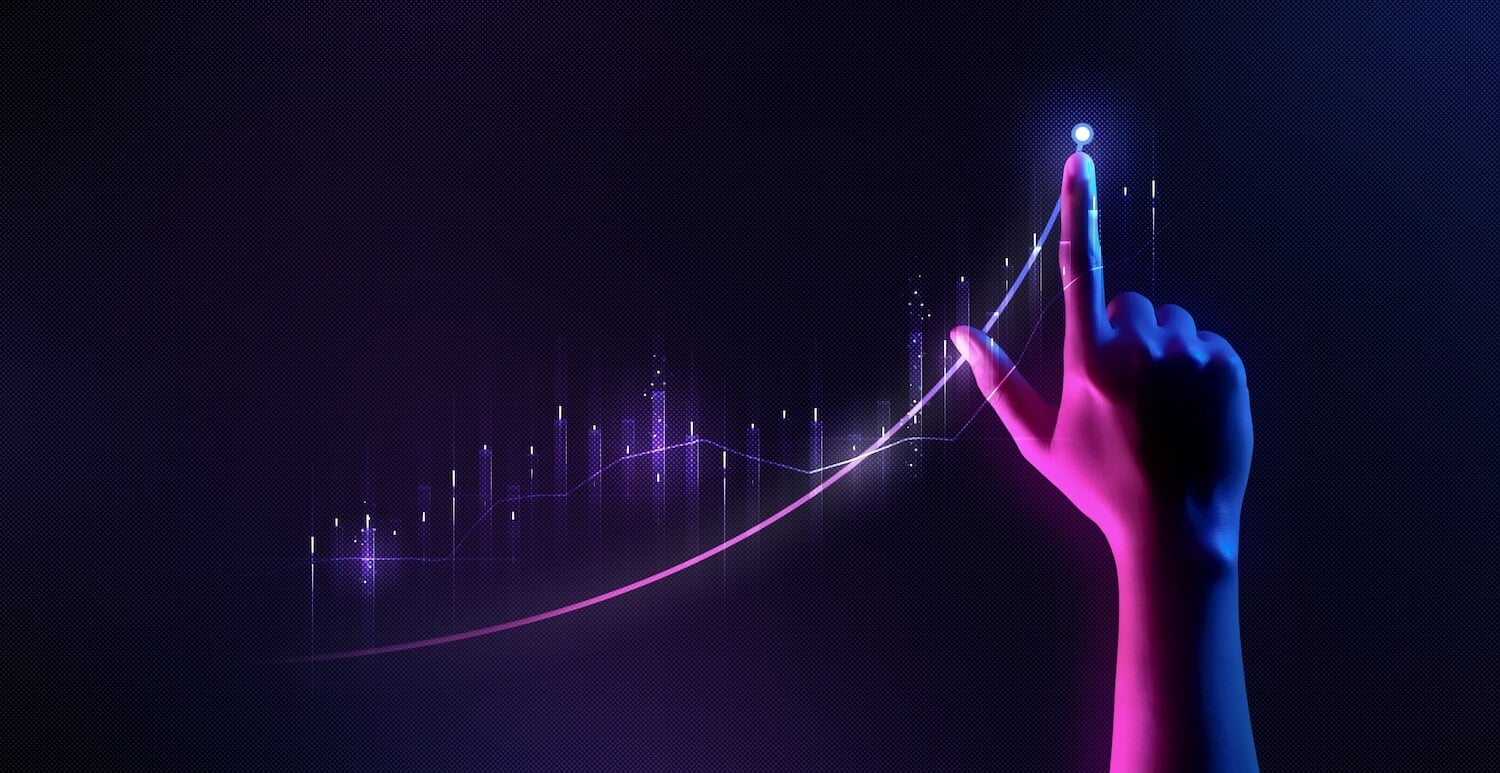 Not Sure How to Build Your Website? A hand is pointing towards a glowing dot on a digital rising graph. The background is dark with a neon blue and purple color scheme, suggesting growth or progress in data analysis or financial trends.