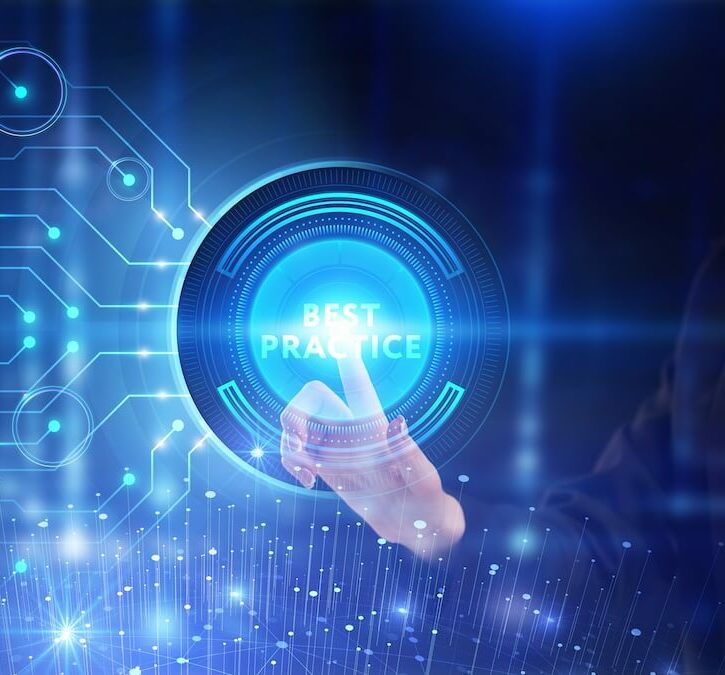 A woman in a suit touches a futuristic digital interface displaying the words "Best Practice." The background features abstract blue circuit patterns and glowing connections.