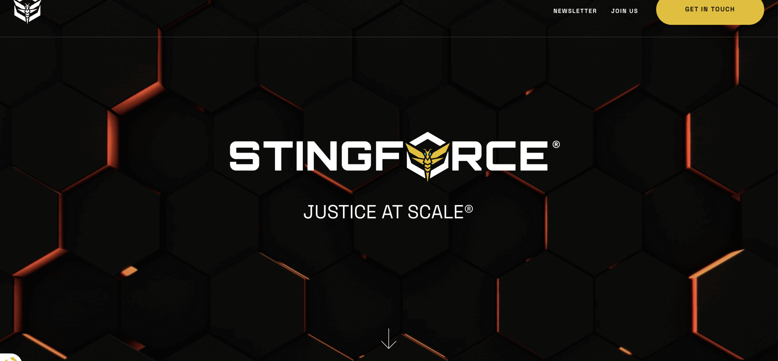 Stingforce STINGFORCE logo with a bee symbol above the words "JUSTICE AT SCALE" on a black hexagonal background with orange highlights. Navigation options for newsletter, join us, and get in touch are at the top.