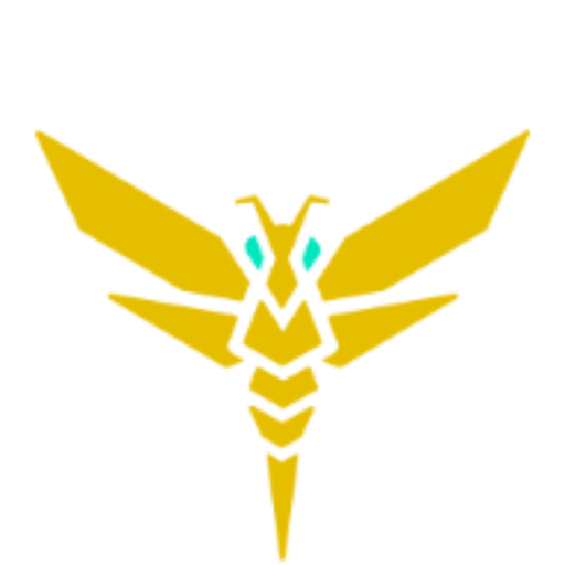 Stingforce A stylized yellow moth with blue eyes is centered over a white hexagon outline with black background accents.